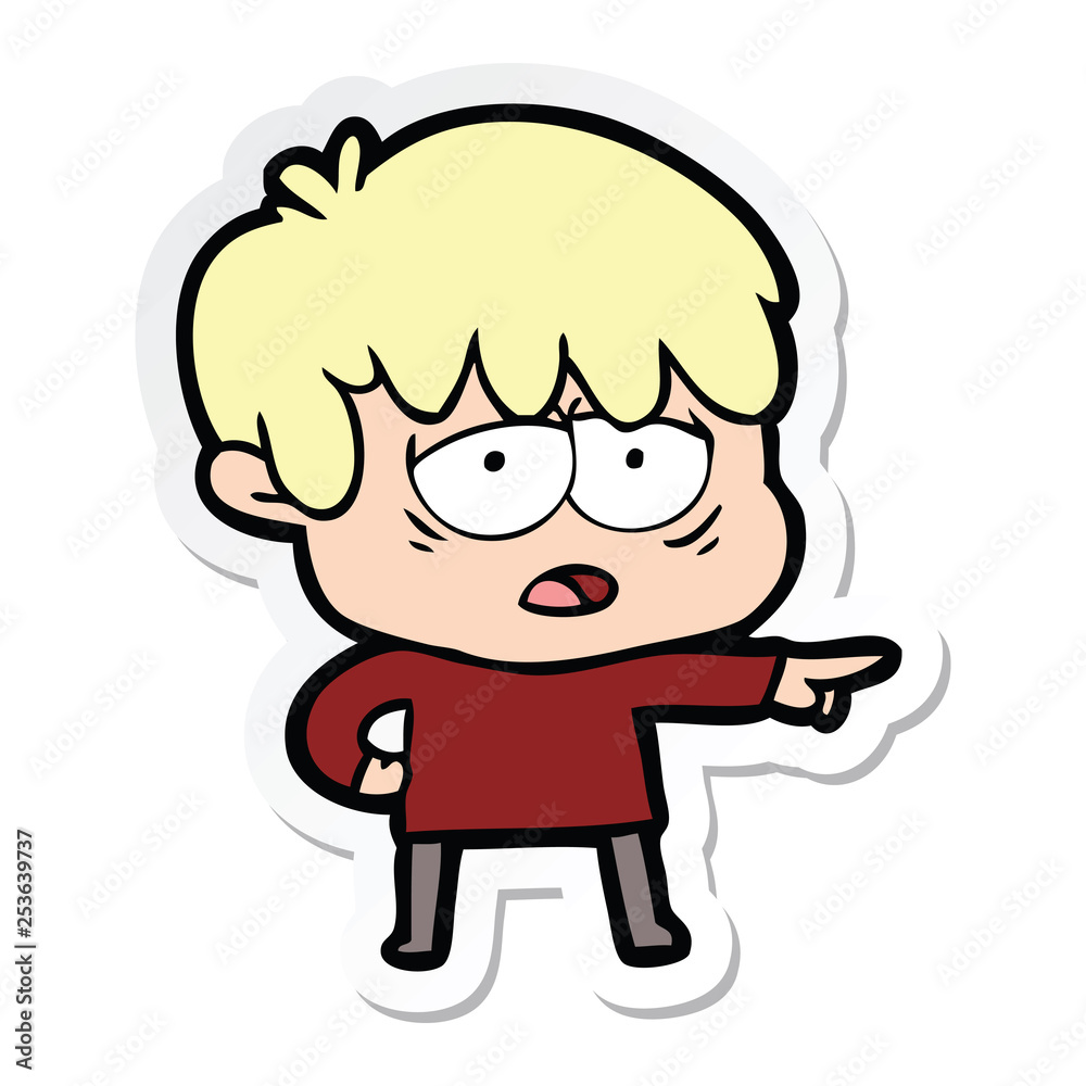 sticker of a cartoon exhausted boy sticker of a cartoon exhausted boy