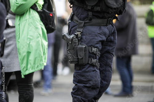 Details of the security kit of a riot police officer