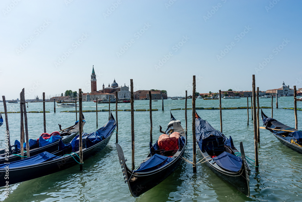 Italy, Venice, Church of San Giorgio Maggiore, BOATS MOORED IN CANAL