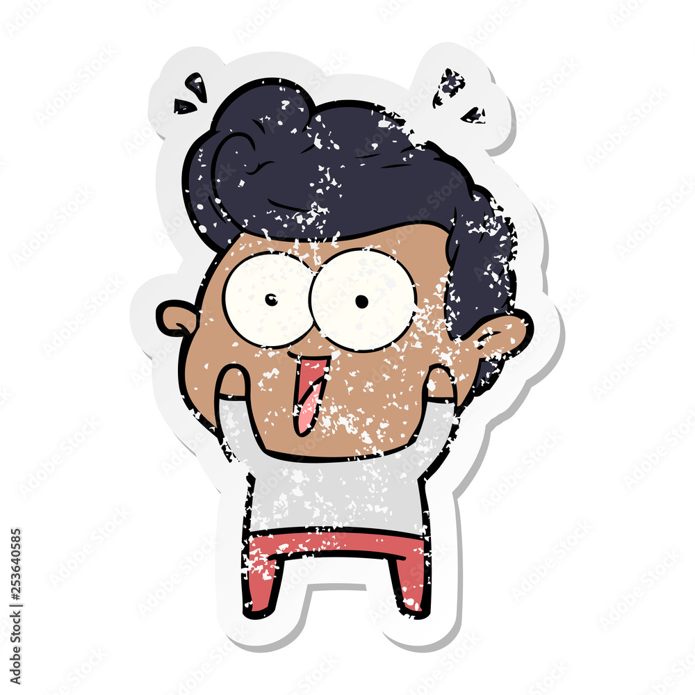 distressed sticker of a cartoon excited man distressed sticker of a cartoon excited man