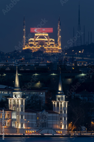 Kuleli military school and Camlica mosque on a hill on Asian side and Bosphorus channel in Istanbul, Turkey