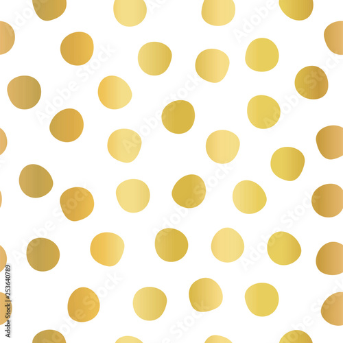Hand drawn polka dots gold foil on white seamless vector background. Golden circles repeating pattern. Elegant backdrop. Use for invitation, celebration, card, banner, birthday, party, wedding, decor