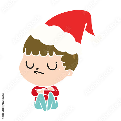 flat color illustration of a grumpy boy wearing santa hat