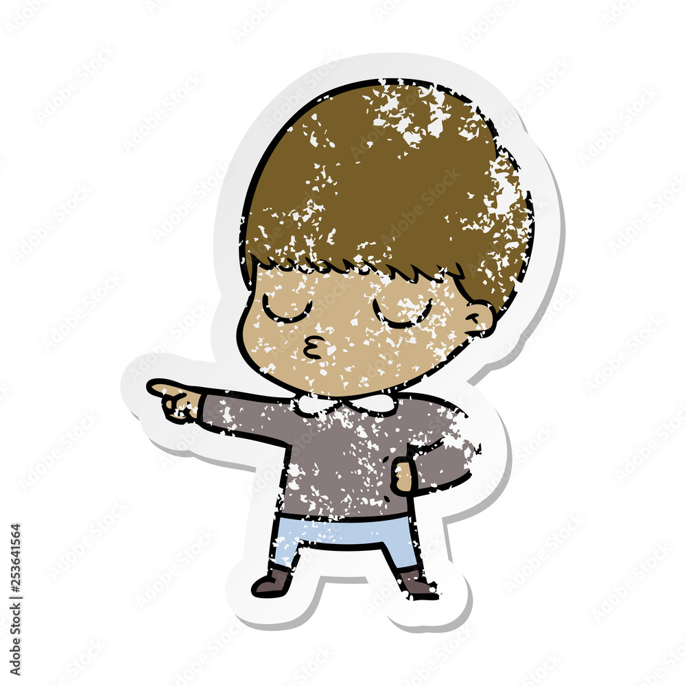 distressed sticker of a cartoon calm boy distressed sticker of a cartoon calm boy