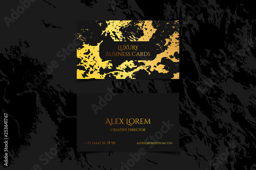 Luxury business card with marble texture and gold detail vector template, banner or invitation with golden foil on black background. Branding and identity graphic design. photo