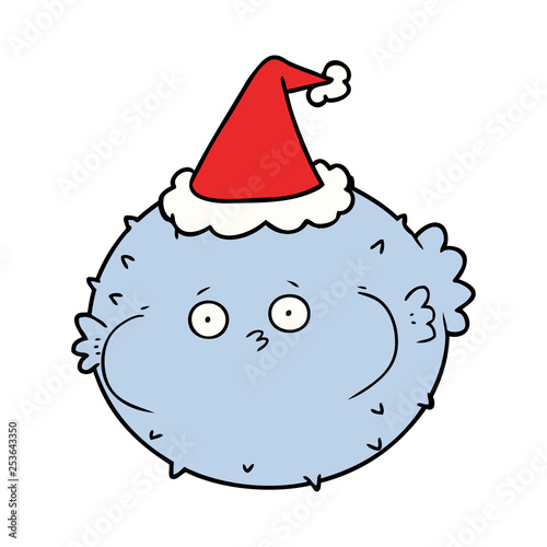 line drawing of a puffer fish wearing santa hat