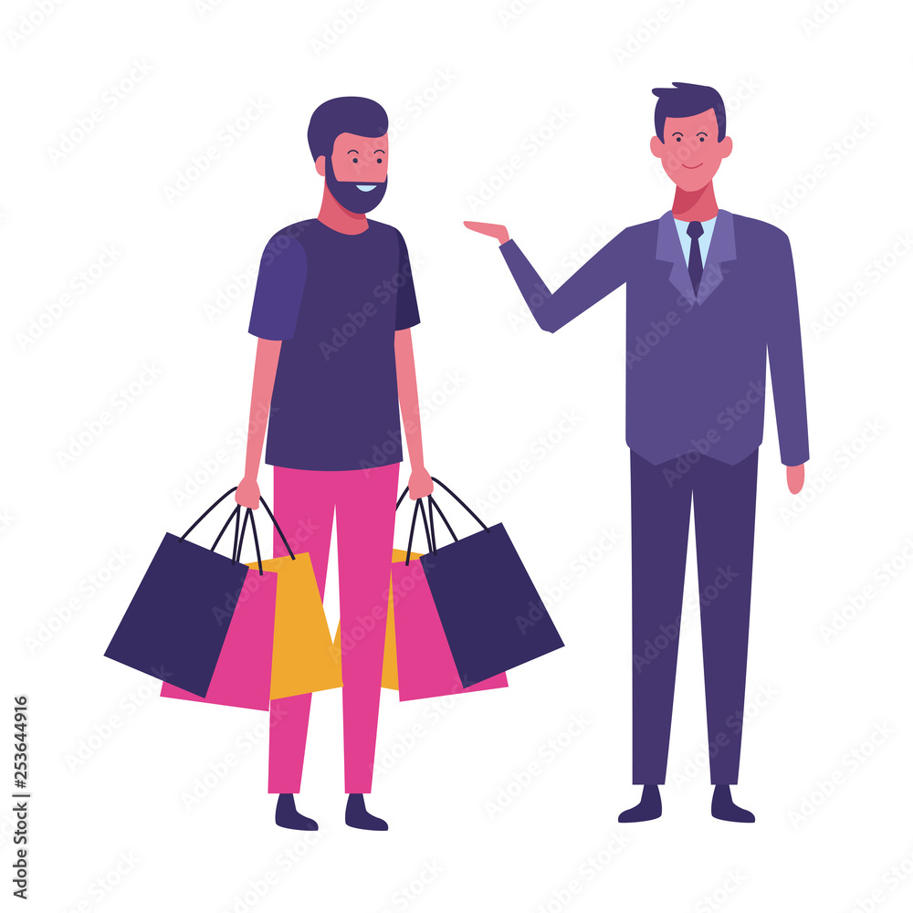 man with shopping bags and supermarket manager