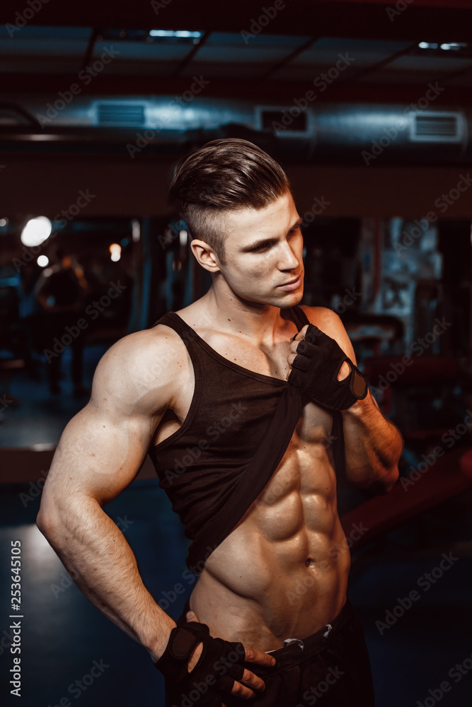 Muscular Model Sports Young Man Exercising In Gym Portrait Of Sporty Healthy Strong Muscle 