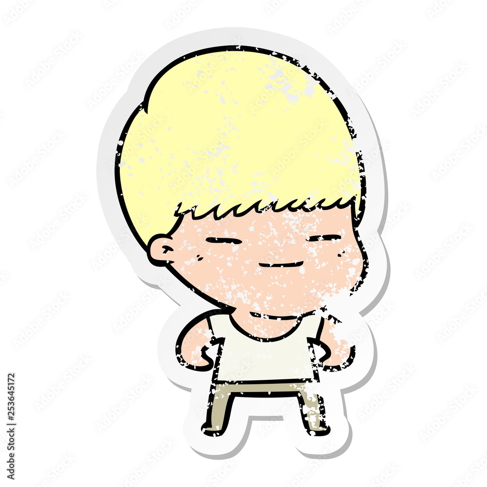 distressed sticker of a cartoon smug boy distressed sticker of a cartoon smug boy
