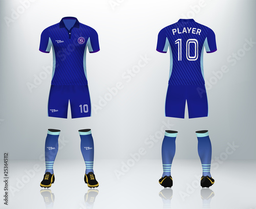 3D realistic mock up of front and back of blue soccer jersey t-shirt with pants and socks. Concept for football team uniform or apparel mockup template in design vector illustration