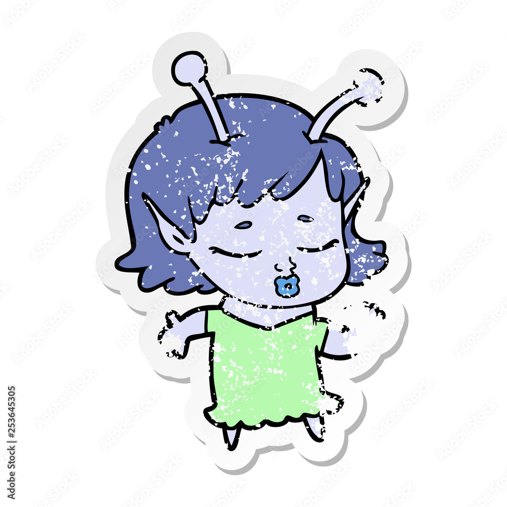 distressed sticker of a cute alien girl cartoon distressed sticker of a cute alien girl cartoon
