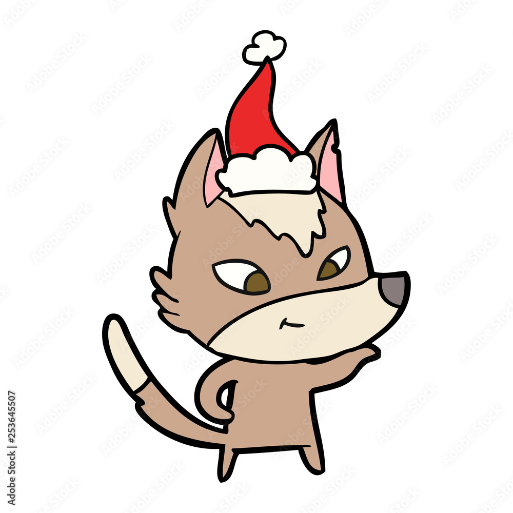 friendly line drawing of a wolf wearing santa hat friendly line drawing of a wolf wearing santa hat