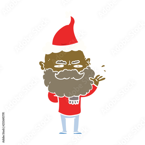 flat color illustration of a dismissive man with beard frowning wearing santa hat