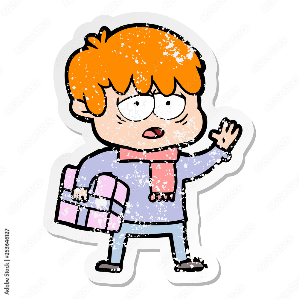 distressed sticker of a cartoon exhausted boy distressed sticker of a cartoon exhausted boy