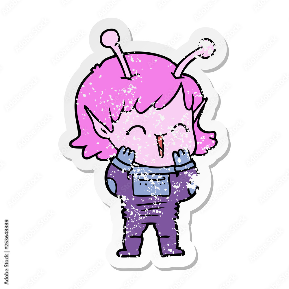 distressed sticker of a cartoon alien girl giggling distressed sticker of a cartoon alien girl giggling