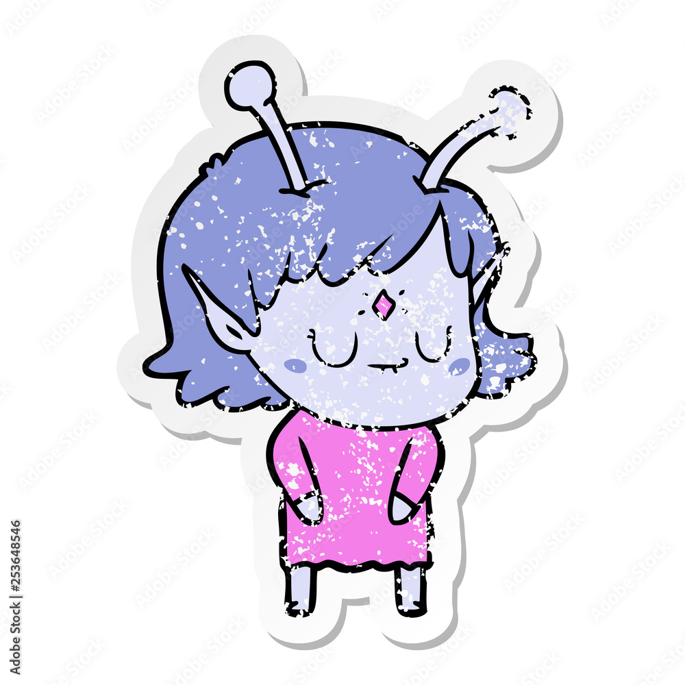 distressed sticker of a cartoon alien girl distressed sticker of a cartoon alien girl