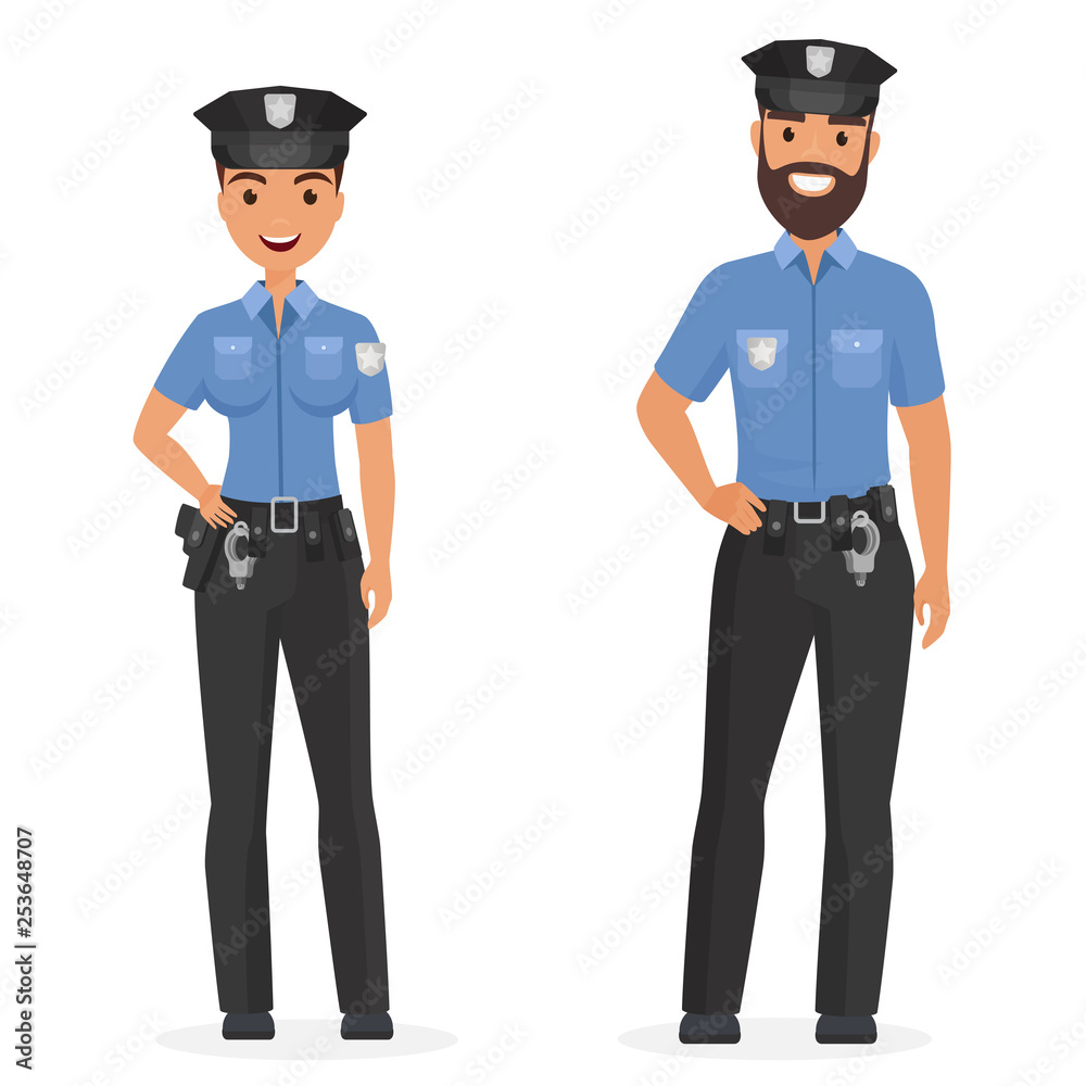 Two young happy police officers, man and woman isolated cartoon vector illustration.