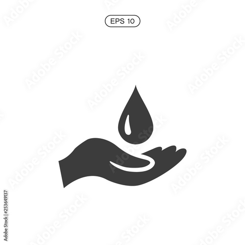 Hand holds water drop symbol.