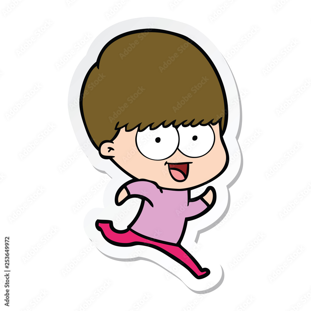 sticker of a happy cartoon boy running
