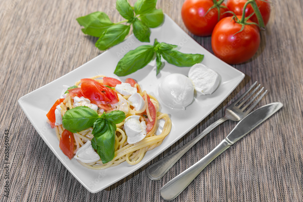 Spaghetti with fresh tomatoes, basil, mozzarella and some oregano. Spaghetti with fresh tomatoes, basil, mozzarella and some oregano.