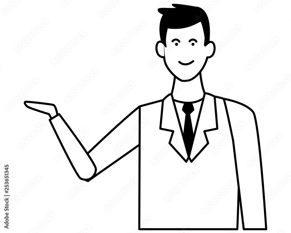 businessman with hand open cartoon in black and white
