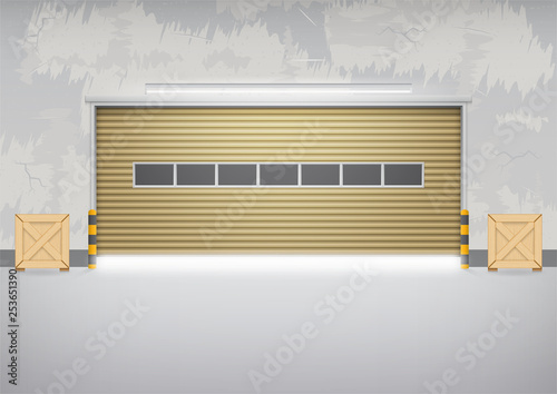 Roller door or roller shutter. Also called security door or security shutter. For protect residential, commercial and industrial building i.e. house, factory, warehouse, hangar. Vector illustration.