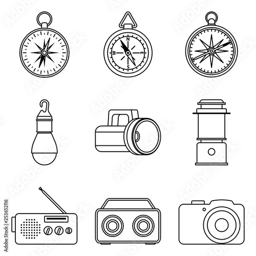 Set of equipment for camping. Thin line vector icons
