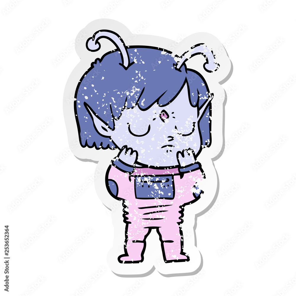 distressed sticker of a cartoon alien girl distressed sticker of a cartoon alien girl