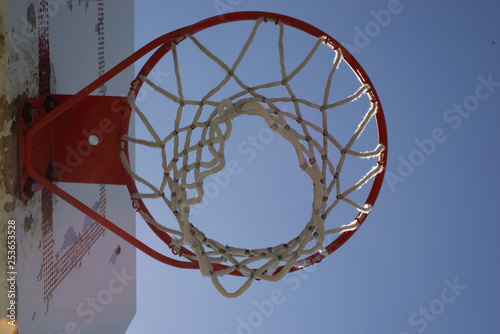 Basketball hoop looking up