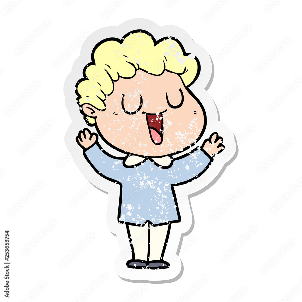 distressed sticker of a laughing cartoon man distressed sticker of a laughing cartoon man