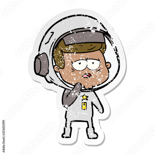 distressed sticker of a cartoon tired astronaut © lineartestpilot