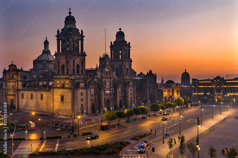 Metropolitan Cathedral Presidential National Palace Sunrise Mexico City Mexico