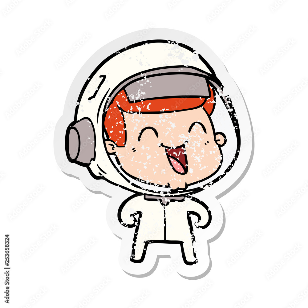 distressed sticker of a happy cartoon astronaut