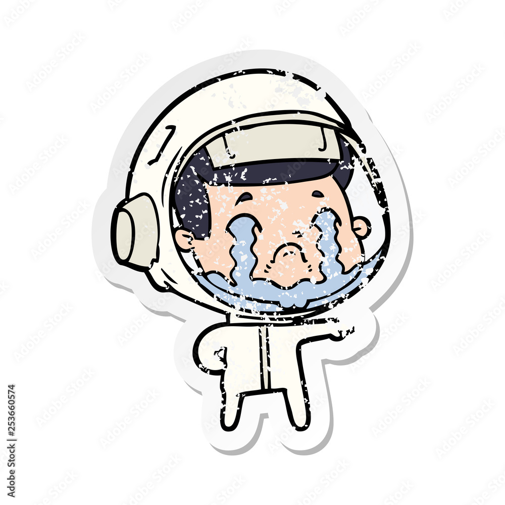 distressed sticker of a cartoon crying astronaut distressed sticker of a cartoon crying astronaut