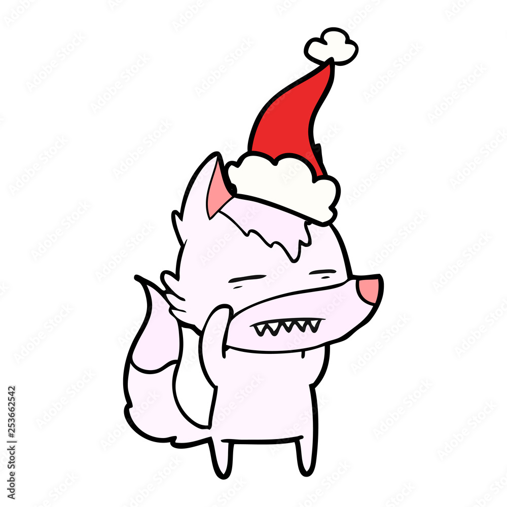 line drawing of a wolf showing teeth wearing santa hat