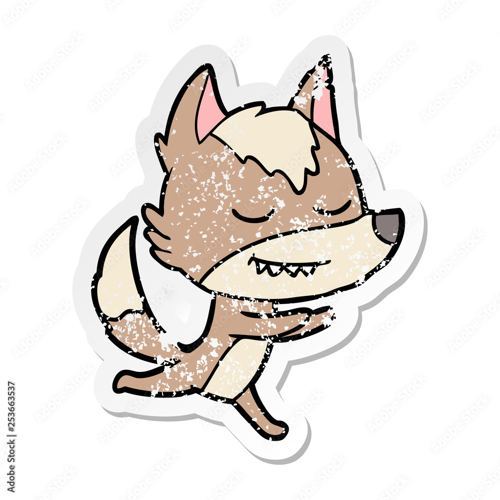 distressed sticker of a friendly cartoon wolf running distressed sticker of a friendly cartoon wolf running
