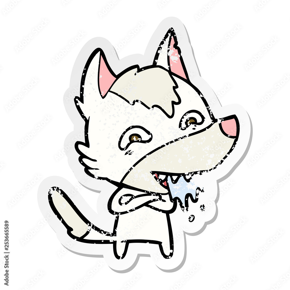 distressed sticker of a cartoon hungry wolf distressed sticker of a cartoon hungry wolf