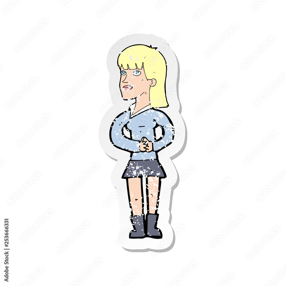 retro distressed sticker of a cartoon woman waiting retro distressed sticker of a cartoon woman waiting