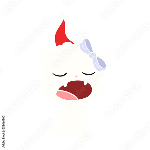 flat color illustration of a cat meowing wearing santa hat