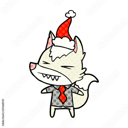 angry wolf boss comic book style illustration of a wearing santa hat