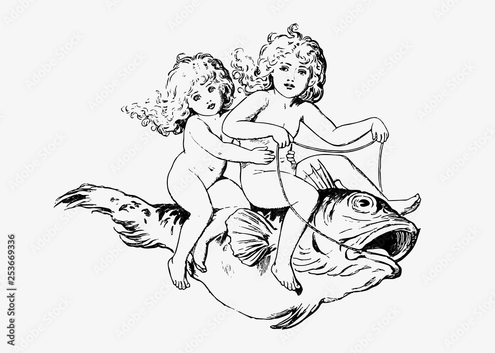 Naklejka premium Babies riding on a fish