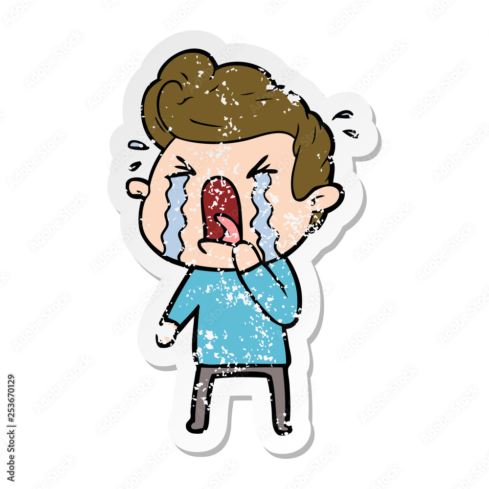 distressed sticker of a cartoon crying man distressed sticker of a cartoon crying man