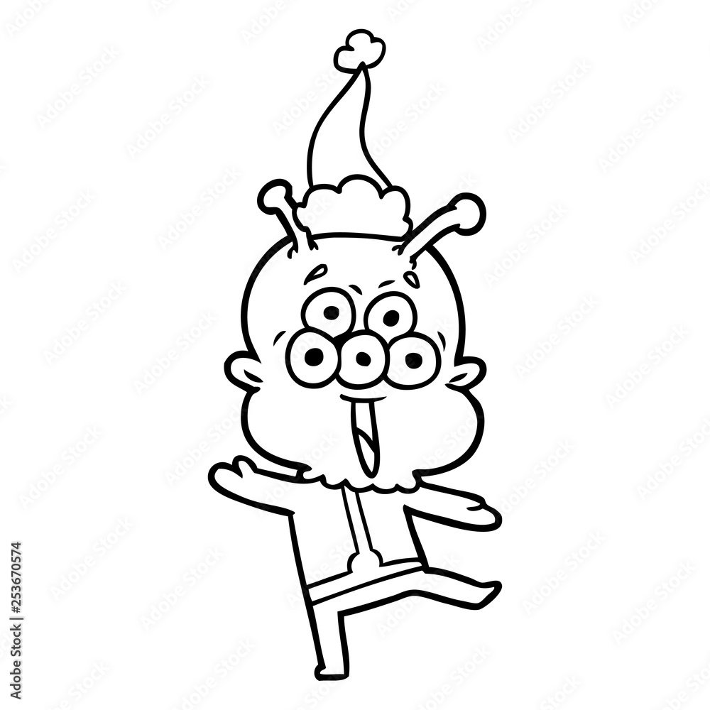 happy line drawing of a alien dancing wearing santa hat happy line drawing of a alien dancing wearing santa hat