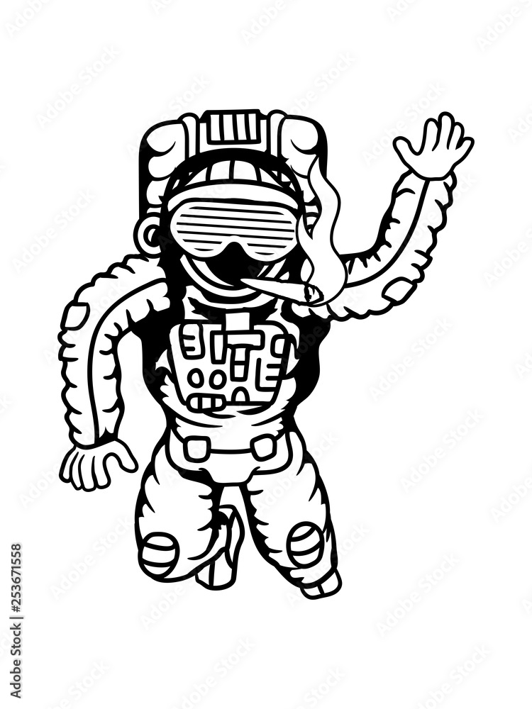 Fototapeta premium astronaut party rauchen joint weed hanf cool weltall kosmonaut raumfahrer raumschiff rakete science fiction weltraumfahrer forscher fliegen schweben schwerelos raumanzug zukunft