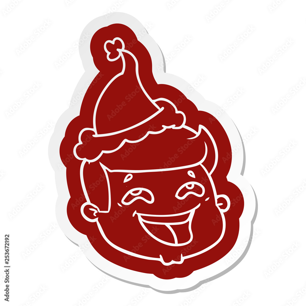 happy cartoon sticker of a male face wearing santa hat happy cartoon sticker of a male face wearing santa hat