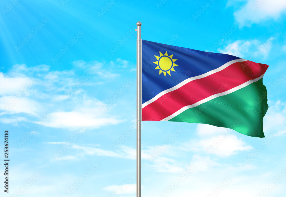 Namibia flag waving sky background 3D illustration Namibia flag waving sky background 3D illustration