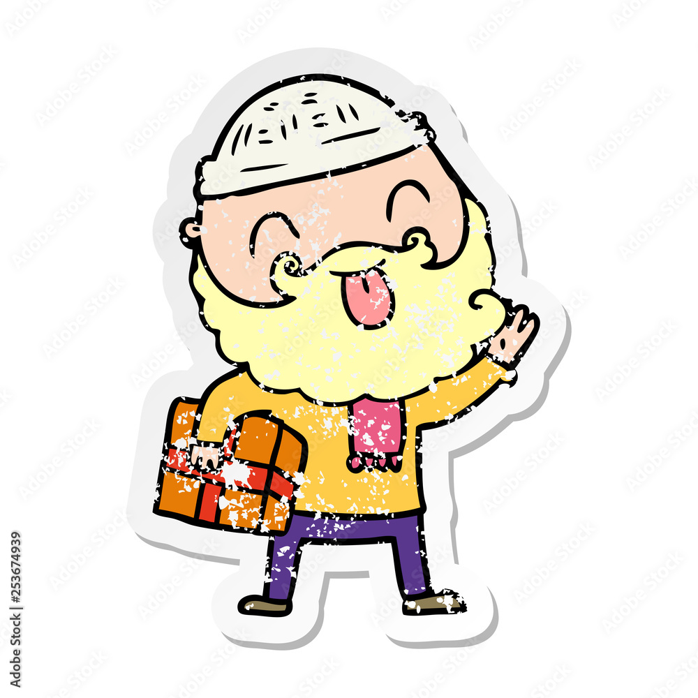 distressed sticker of a man with beard carrying christmas present