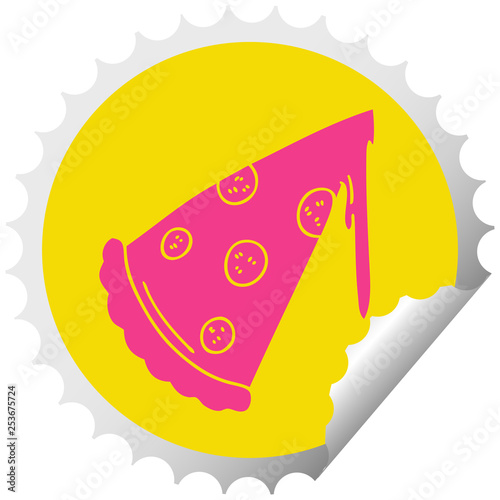 quirky circular peeling sticker cartoon slice of pizza