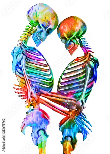 Skeletons of man and woman in the pose of lovers in multicolored abstract style illustration Isolated on white background