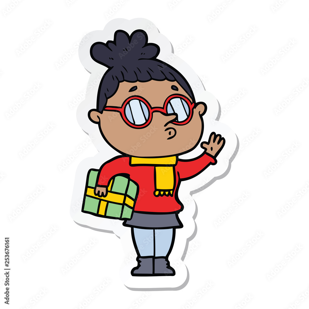 sticker of a cartoon woman wearing glasses